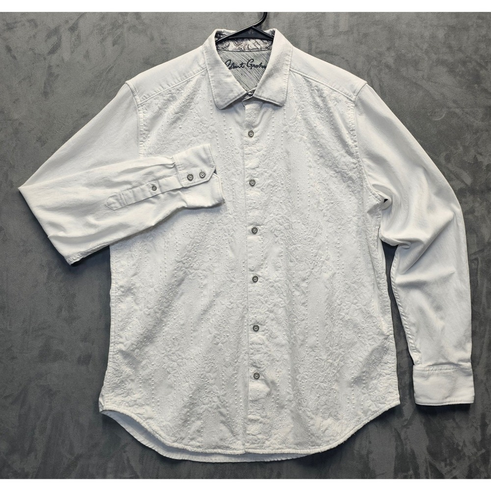 Robert Graham Mens White Embroidered Floral Paisley Button-up Shirt Large L